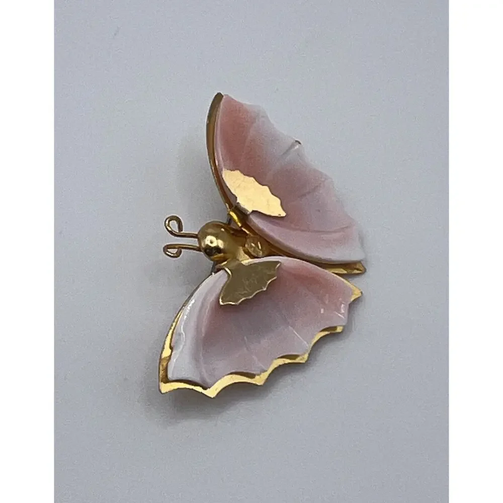 Vintage Gold Tone Pink & White Shell Winged Butterfly Dainty Brooch